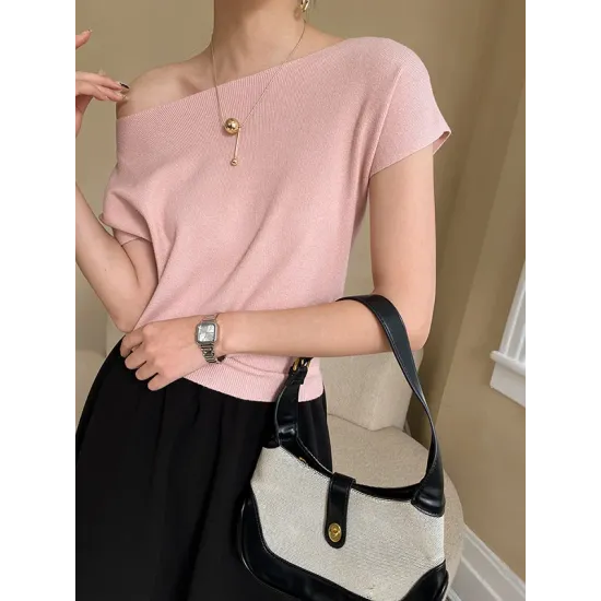 Stylish Loose Solid Color Boat Neck Knitwear Pullovers Tops Stylish Loose Solid Color Boat Neck Knitwear Pullovers Tops