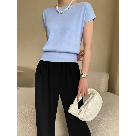 Stylish Loose Solid Color Boat Neck Knitwear Pullovers Tops Stylish Loose Solid Color Boat Neck Knitwear Pullovers Tops