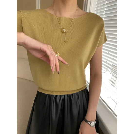Stylish Loose Solid Color Boat Neck Knitwear Pullovers Tops Stylish Loose Solid Color Boat Neck Knitwear Pullovers Tops