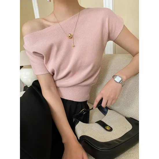 Stylish Loose Solid Color Boat Neck Knitwear Pullovers Tops Stylish Loose Solid Color Boat Neck Knitwear Pullovers Tops