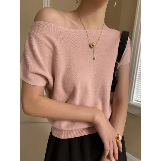 Stylish Loose Solid Color Boat Neck Knitwear Pullovers Tops Stylish Loose Solid Color Boat Neck Knitwear Pullovers Tops