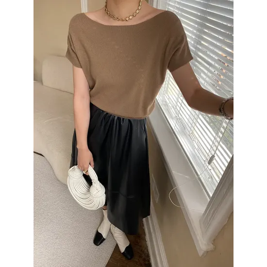 Stylish Loose Solid Color Boat Neck Knitwear Pullovers Tops Stylish Loose Solid Color Boat Neck Knitwear Pullovers Tops