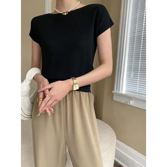 Stylish Loose Solid Color Boat Neck Knitwear Pullovers Tops Stylish Loose Solid Color Boat Neck Knitwear Pullovers Tops