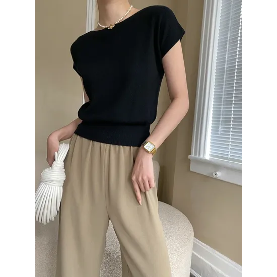 Stylish Loose Solid Color Boat Neck Knitwear Pullovers Tops Stylish Loose Solid Color Boat Neck Knitwear Pullovers Tops