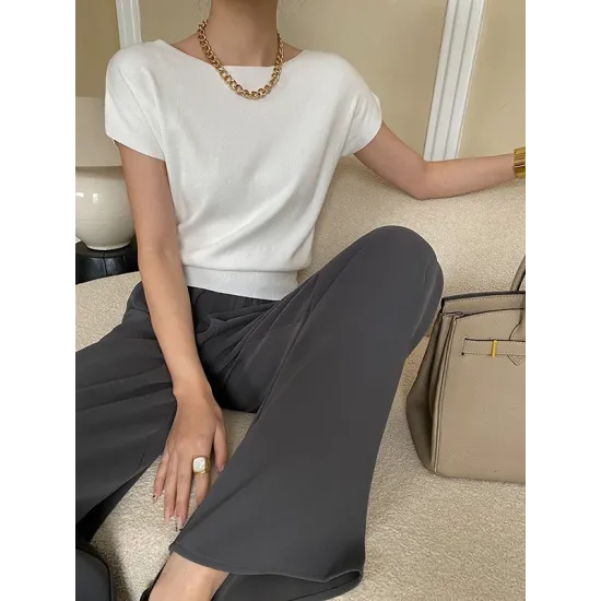 Stylish Loose Solid Color Boat Neck Knitwear Pullovers Tops Stylish Loose Solid Color Boat Neck Knitwear Pullovers Tops