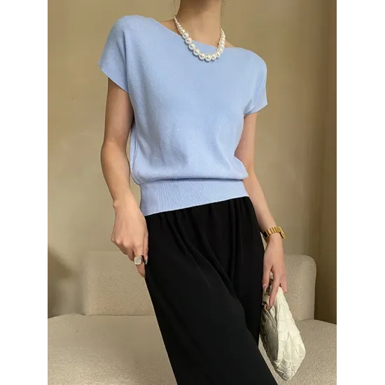 Stylish Loose Solid Color Boat Neck Knitwear Pullovers Tops Stylish Loose Solid Color Boat Neck Knitwear Pullovers Tops