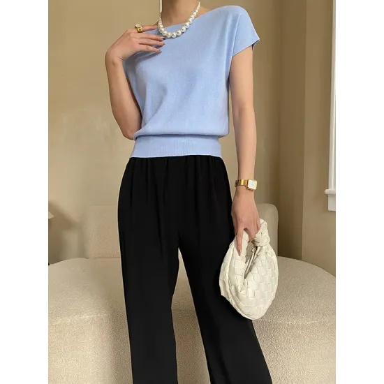 Stylish Loose Solid Color Boat Neck Knitwear Pullovers Tops Stylish Loose Solid Color Boat Neck Knitwear Pullovers Tops