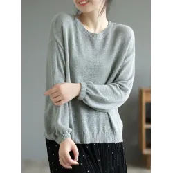 See-Through Solid Color Long Sleeves Loose Round-Neck Sweater Tops