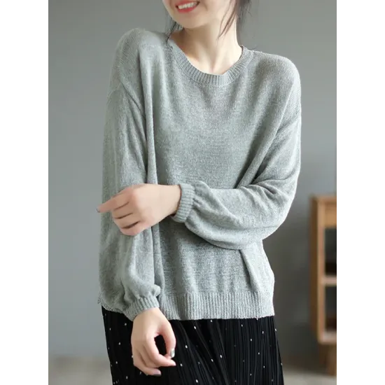 See-Through Solid Color Long Sleeves Loose Round-Neck Sweater Tops See-Through Solid Color Long Sleeves Loose Round-Neck Sweater Tops