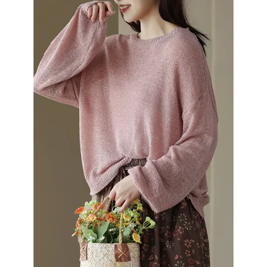 See-Through Solid Color Long Sleeves Loose Round-Neck Sweater Tops See-Through Solid Color Long Sleeves Loose Round-Neck Sweater Tops
