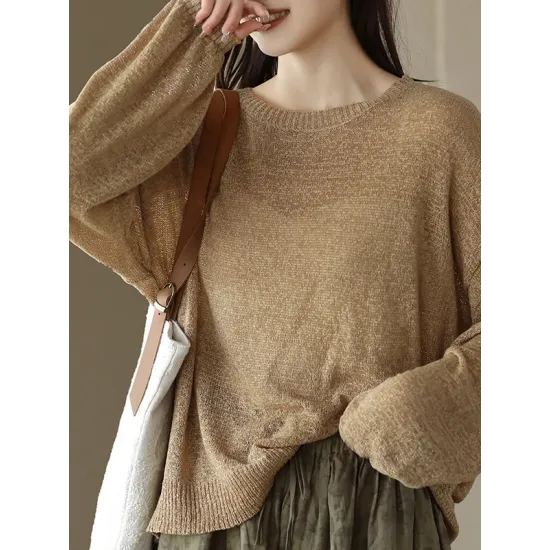 See-Through Solid Color Long Sleeves Loose Round-Neck Sweater Tops See-Through Solid Color Long Sleeves Loose Round-Neck Sweater Tops