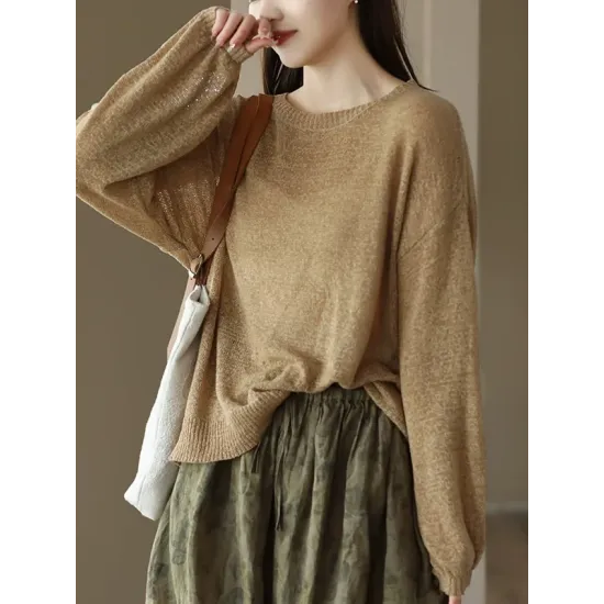 See-Through Solid Color Long Sleeves Loose Round-Neck Sweater Tops See-Through Solid Color Long Sleeves Loose Round-Neck Sweater Tops