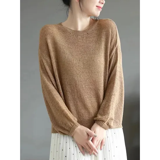 See-Through Solid Color Long Sleeves Loose Round-Neck Sweater Tops See-Through Solid Color Long Sleeves Loose Round-Neck Sweater Tops