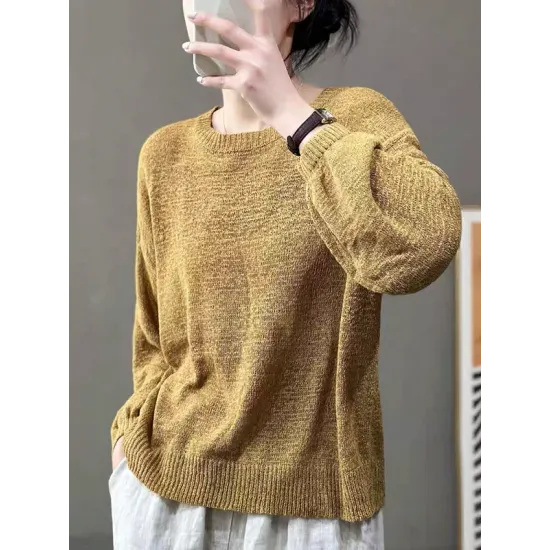 See-Through Solid Color Long Sleeves Loose Round-Neck Sweater Tops See-Through Solid Color Long Sleeves Loose Round-Neck Sweater Tops