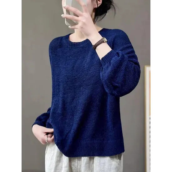 See-Through Solid Color Long Sleeves Loose Round-Neck Sweater Tops See-Through Solid Color Long Sleeves Loose Round-Neck Sweater Tops
