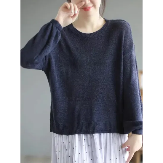 See-Through Solid Color Long Sleeves Loose Round-Neck Sweater Tops See-Through Solid Color Long Sleeves Loose Round-Neck Sweater Tops