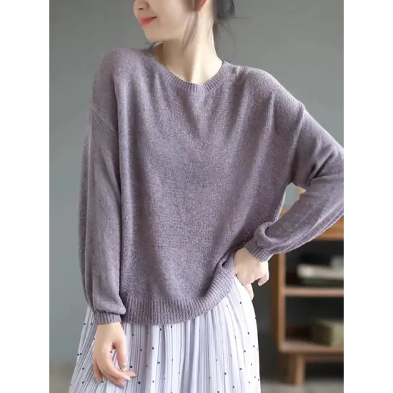 See-Through Solid Color Long Sleeves Loose Round-Neck Sweater Tops See-Through Solid Color Long Sleeves Loose Round-Neck Sweater Tops