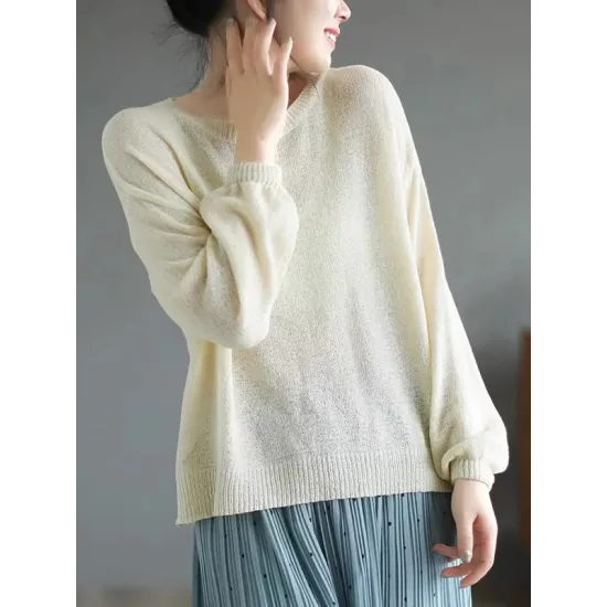 See-Through Solid Color Long Sleeves Loose Round-Neck Sweater Tops See-Through Solid Color Long Sleeves Loose Round-Neck Sweater Tops