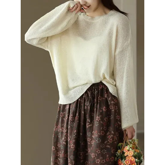 See-Through Solid Color Long Sleeves Loose Round-Neck Sweater Tops See-Through Solid Color Long Sleeves Loose Round-Neck Sweater Tops