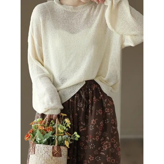 See-Through Solid Color Long Sleeves Loose Round-Neck Sweater Tops See-Through Solid Color Long Sleeves Loose Round-Neck Sweater Tops