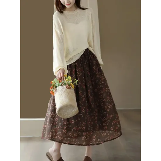 See-Through Solid Color Long Sleeves Loose Round-Neck Sweater Tops See-Through Solid Color Long Sleeves Loose Round-Neck Sweater Tops