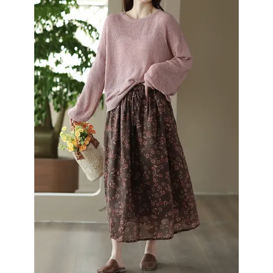 See-Through Solid Color Long Sleeves Loose Round-Neck Sweater Tops See-Through Solid Color Long Sleeves Loose Round-Neck Sweater Tops