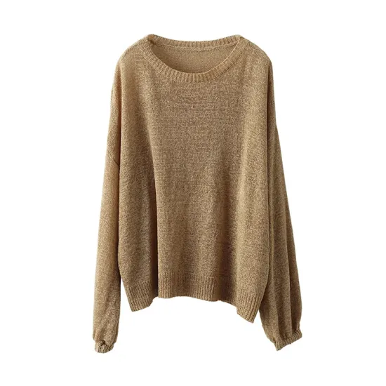 See-Through Solid Color Long Sleeves Loose Round-Neck Sweater Tops See-Through Solid Color Long Sleeves Loose Round-Neck Sweater Tops