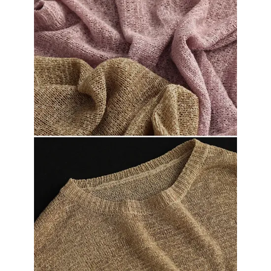 See-Through Solid Color Long Sleeves Loose Round-Neck Sweater Tops See-Through Solid Color Long Sleeves Loose Round-Neck Sweater Tops