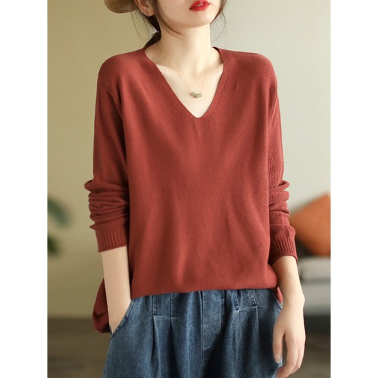 Solid Color Long Sleeves Loose V-Neck Sweater Tops Solid Color Long Sleeves Loose V-Neck Sweater Tops