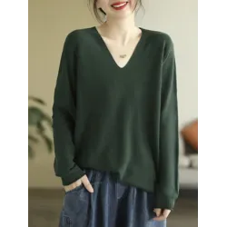 Solid Color Long Sleeves Loose V-Neck Sweater Tops