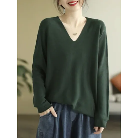 Solid Color Long Sleeves Loose V-Neck Sweater Tops Solid Color Long Sleeves Loose V-Neck Sweater Tops