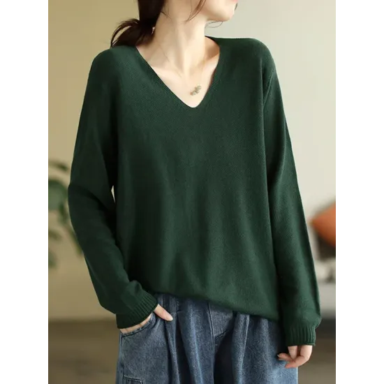 Solid Color Long Sleeves Loose V-Neck Sweater Tops Solid Color Long Sleeves Loose V-Neck Sweater Tops