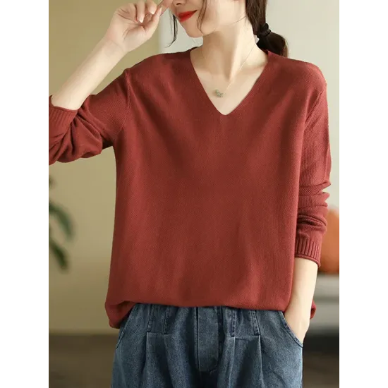 Solid Color Long Sleeves Loose V-Neck Sweater Tops Solid Color Long Sleeves Loose V-Neck Sweater Tops