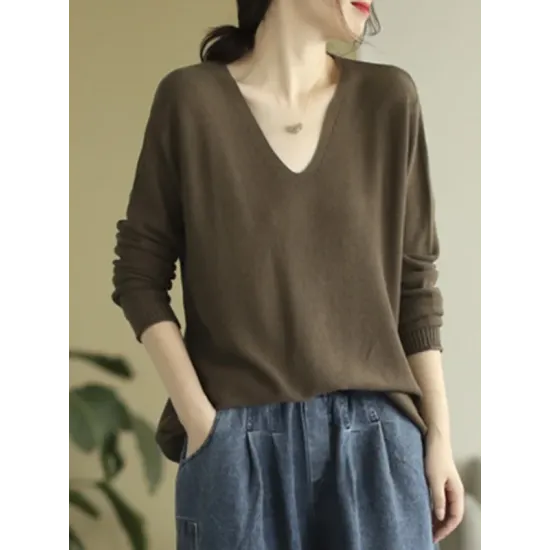 Solid Color Long Sleeves Loose V-Neck Sweater Tops Solid Color Long Sleeves Loose V-Neck Sweater Tops