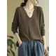 Solid Color Long Sleeves Loose V-Neck Sweater Tops Solid Color Long Sleeves Loose V-Neck Sweater Tops