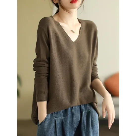 Solid Color Long Sleeves Loose V-Neck Sweater Tops Solid Color Long Sleeves Loose V-Neck Sweater Tops