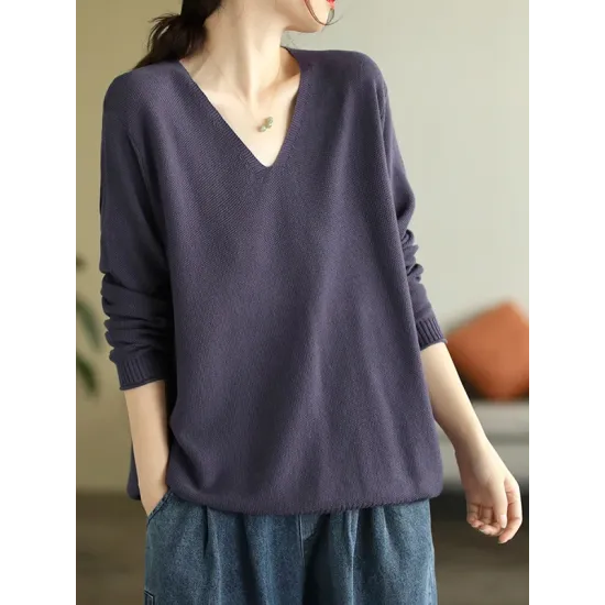 Solid Color Long Sleeves Loose V-Neck Sweater Tops Solid Color Long Sleeves Loose V-Neck Sweater Tops