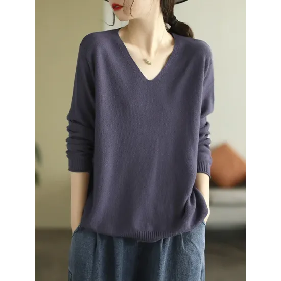 Solid Color Long Sleeves Loose V-Neck Sweater Tops Solid Color Long Sleeves Loose V-Neck Sweater Tops