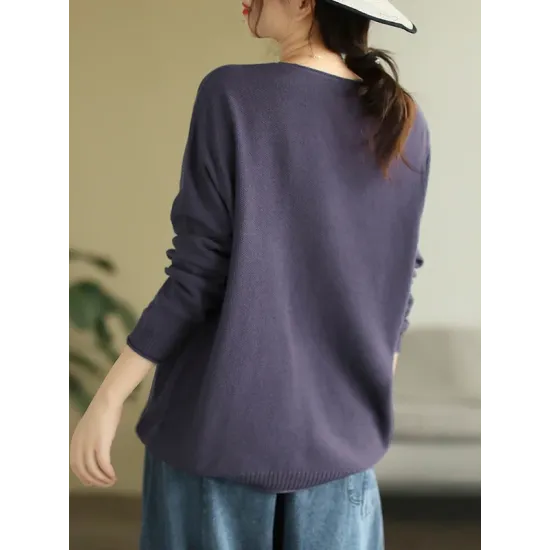 Solid Color Long Sleeves Loose V-Neck Sweater Tops Solid Color Long Sleeves Loose V-Neck Sweater Tops