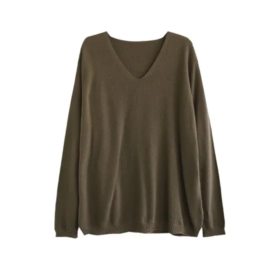 Solid Color Long Sleeves Loose V-Neck Sweater Tops Solid Color Long Sleeves Loose V-Neck Sweater Tops