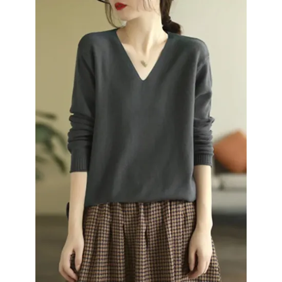 Solid Color Long Sleeves Loose V-Neck Sweater Tops Solid Color Long Sleeves Loose V-Neck Sweater Tops