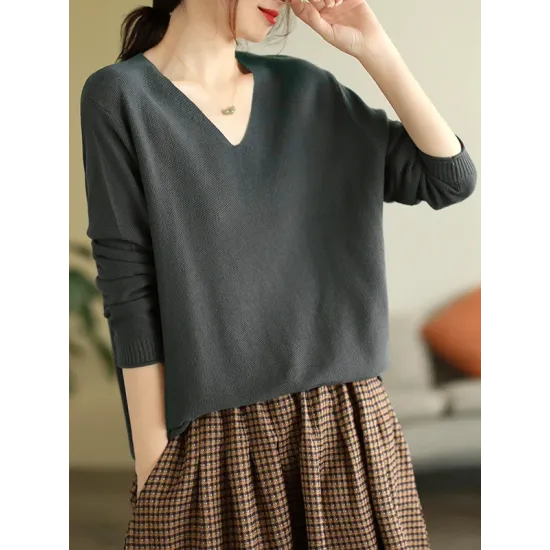 Solid Color Long Sleeves Loose V-Neck Sweater Tops Solid Color Long Sleeves Loose V-Neck Sweater Tops