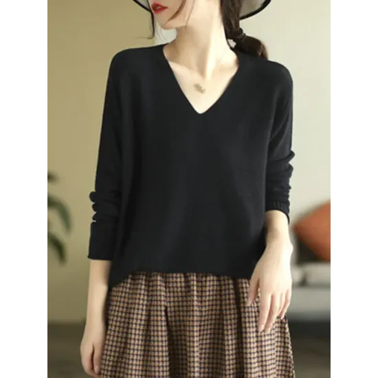 Solid Color Long Sleeves Loose V-Neck Sweater Tops Solid Color Long Sleeves Loose V-Neck Sweater Tops