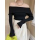 Falbala Solid Color Long Sleeves Skinny Off-the-shoulder Sweater Tops Falbala Solid Color Long Sleeves Skinny Off-the-shoulder Sweater Tops