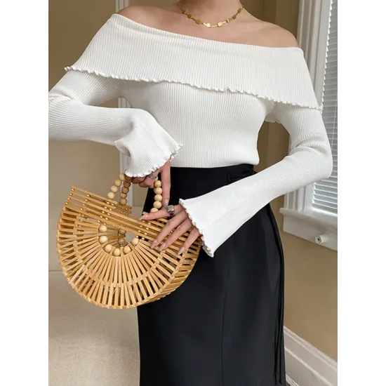 Falbala Solid Color Long Sleeves Skinny Off-the-shoulder Sweater Tops Falbala Solid Color Long Sleeves Skinny Off-the-shoulder Sweater Tops
