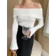 Falbala Solid Color Long Sleeves Skinny Off-the-shoulder Sweater Tops Falbala Solid Color Long Sleeves Skinny Off-the-shoulder Sweater Tops
