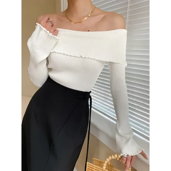 Falbala Solid Color Long Sleeves Skinny Off-the-shoulder Sweater Tops Falbala Solid Color Long Sleeves Skinny Off-the-shoulder Sweater Tops