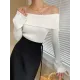 Falbala Solid Color Long Sleeves Skinny Off-the-shoulder Sweater Tops Falbala Solid Color Long Sleeves Skinny Off-the-shoulder Sweater Tops