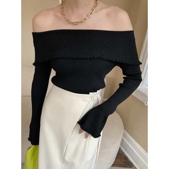 Falbala Solid Color Long Sleeves Skinny Off-the-shoulder Sweater Tops Falbala Solid Color Long Sleeves Skinny Off-the-shoulder Sweater Tops