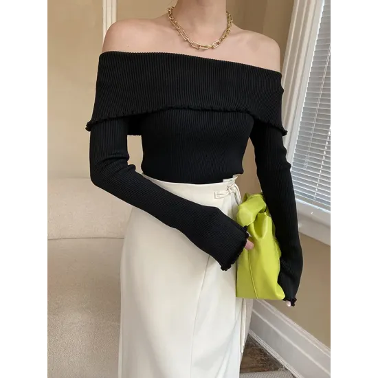 Falbala Solid Color Long Sleeves Skinny Off-the-shoulder Sweater Tops Falbala Solid Color Long Sleeves Skinny Off-the-shoulder Sweater Tops